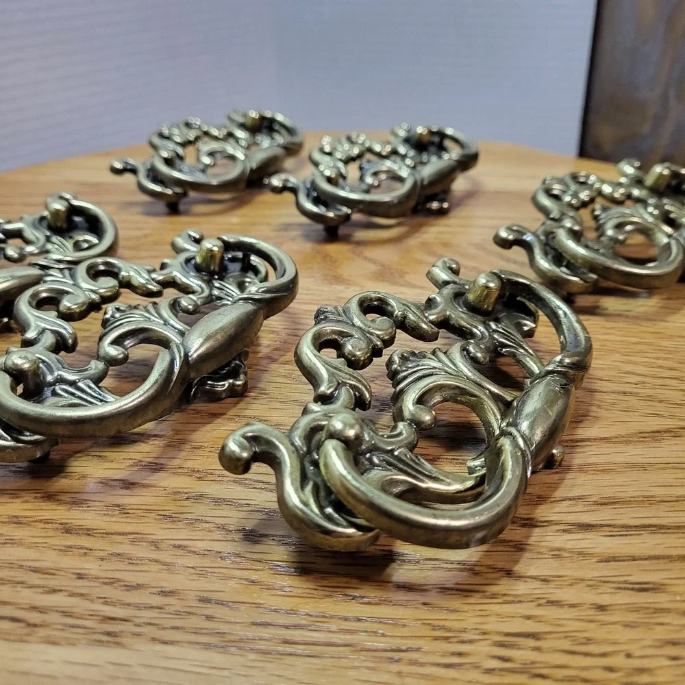 VTG Chunky Large Brass Tone Drop Bail Cabinet Drawer Pulls Handles Lot Set of 6